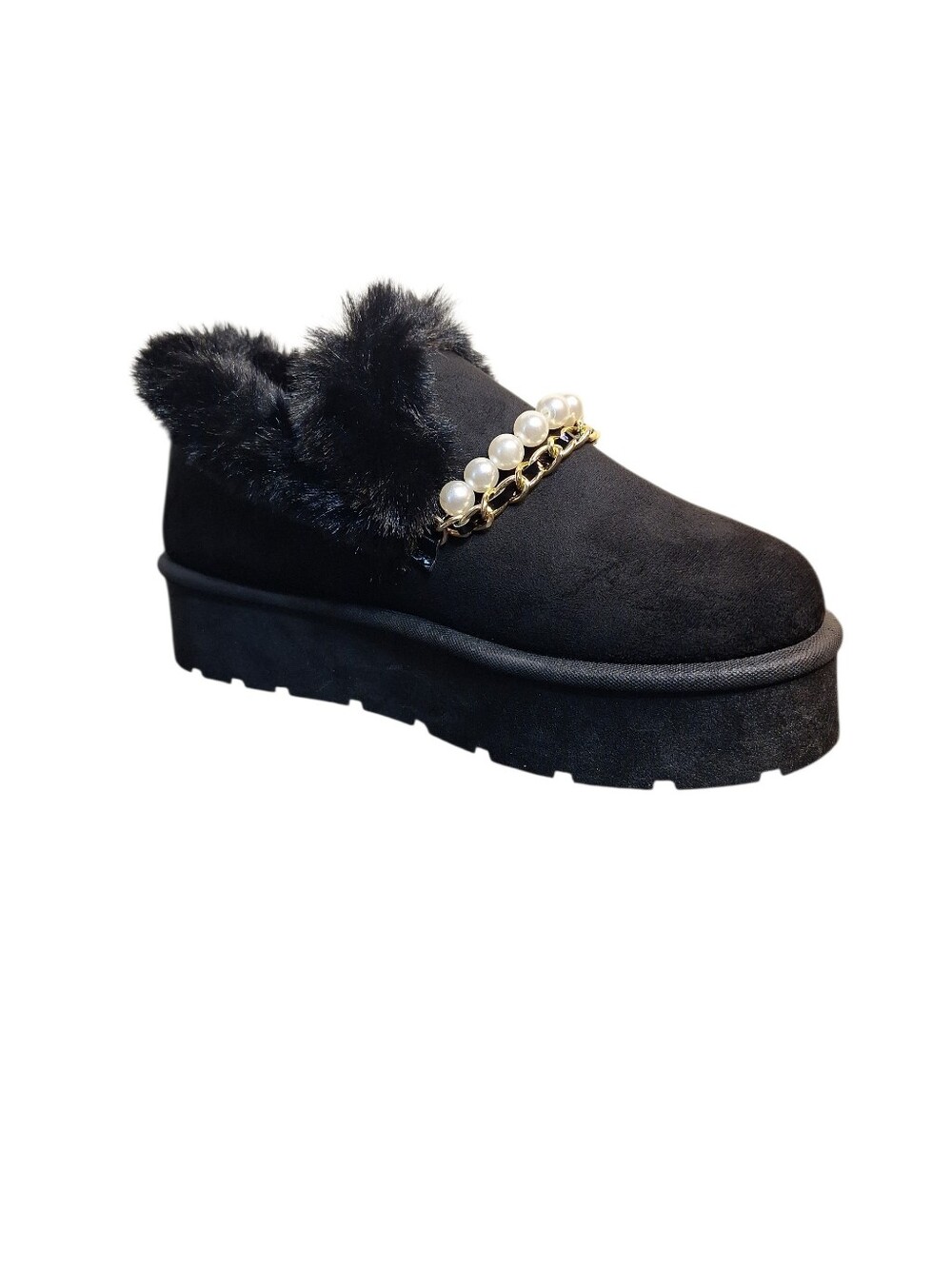 NIB Bamboo Black Faux Fur & Pearl Chain Platform Slip-On Slipper Shoes